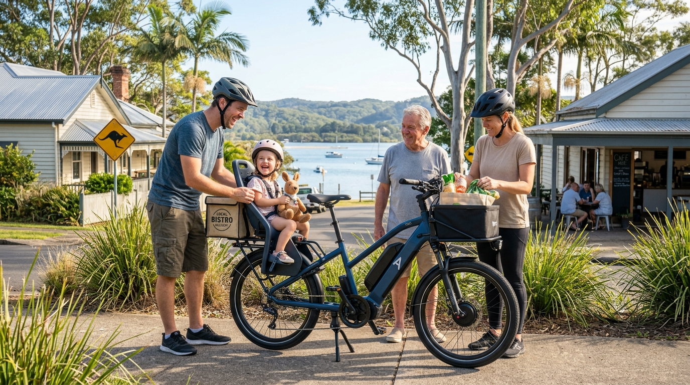 cargo electric bikes Australia family delivery e-bike loaded with cargo and children