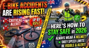 E-bike safety Australia 2026 rider wearing helmet and protective equipment