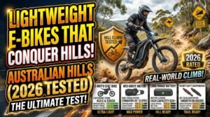 Lightweight electric bike climbing a steep Australian hill